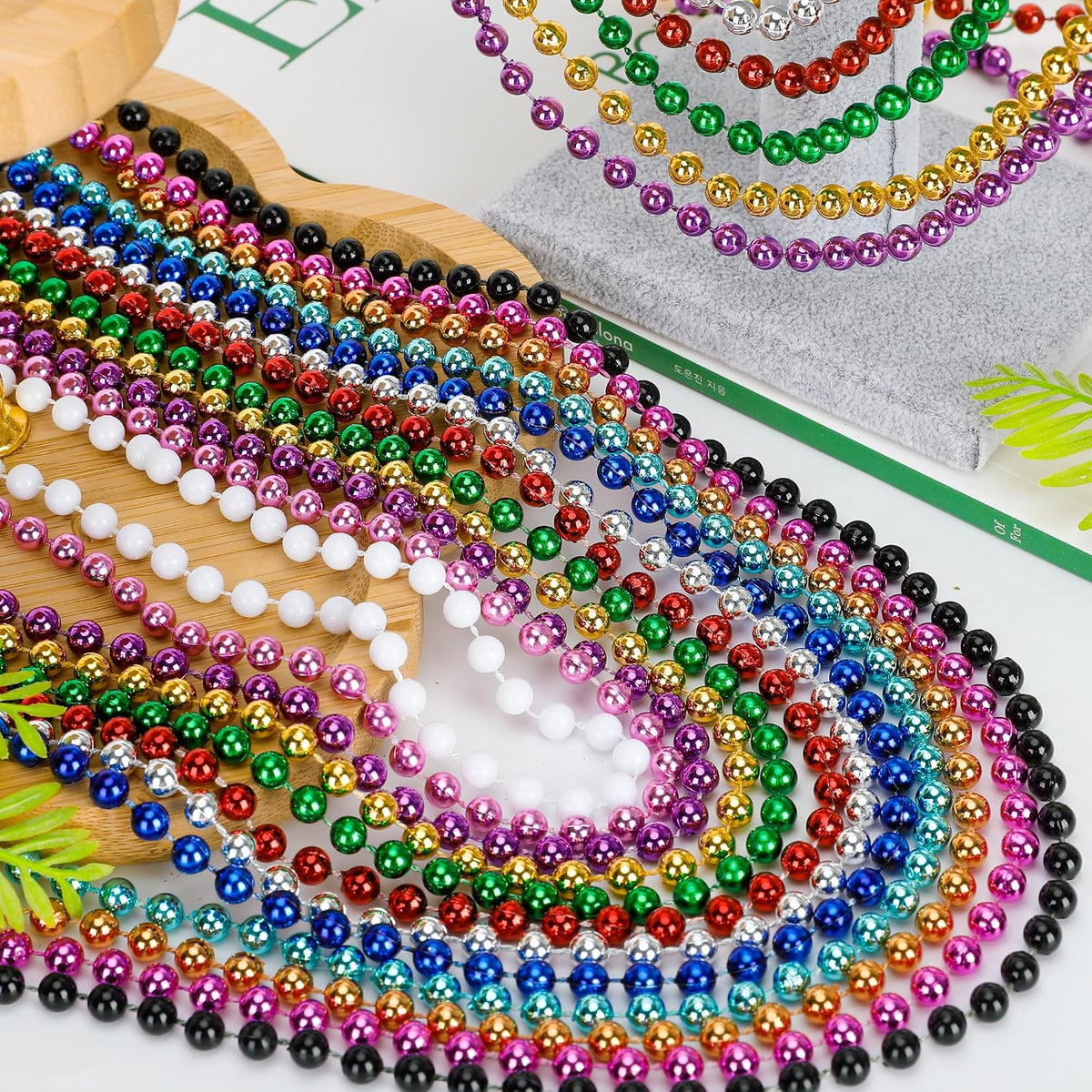mardi gras beads, metallic 12 kinds beaded necklace, close-up detail