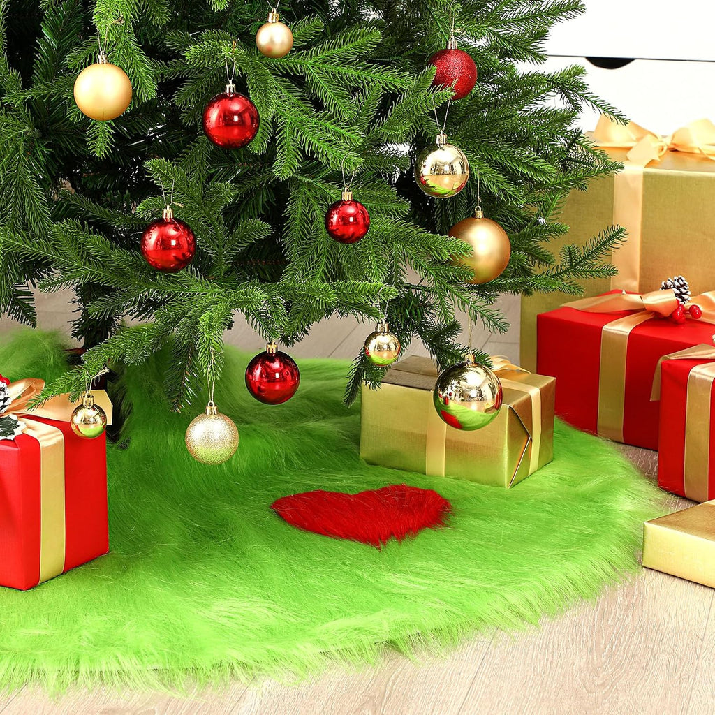 48 Inch Christmas Tree Skirt Lime Green Mat Faux Fur Large Xmas Tree Skirts Christmas Decoration Mat Round Plush Carpet for Holiday Party Decorations Ornament