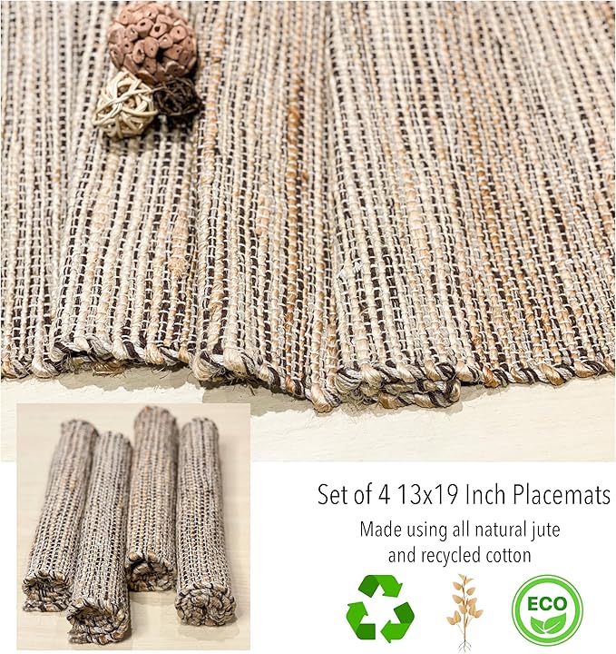 Chardin Home Natural Jute & Brown Placemats, Set of 4 – Rustic Handmade Boho Table Mats, 13x19 Inch Dining Table Placemats for Kitchen, Everyday Meals, Holidays, Farmhouse or Modern Table Décor