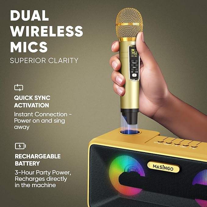 MASINGO Karaoke Machine for Adults and Kids with 2 Wireless Microphones, Portable Bluetooth Singing Speaker, Colorful LED Lights, PA System, Lyrics Display Phone Holder, and TV Cable. Presto G2 Gold