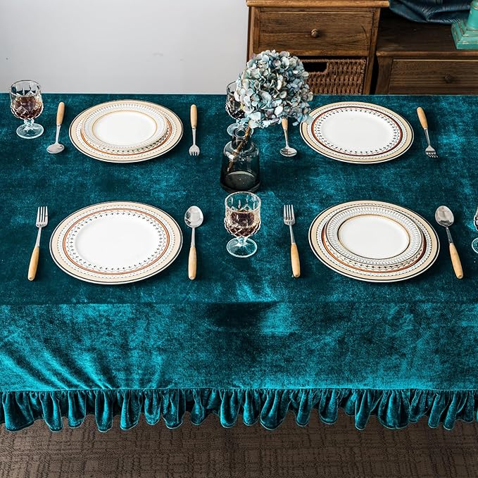 Velvet Tablecloth Luxurious Solid Rectangle Table Cloth,Oblong Retro Farmhouse Ruffle Tablecloths Washable Table Cover for Party Wedding Baby Shower Kitchen Dinning Tabletop Decoration