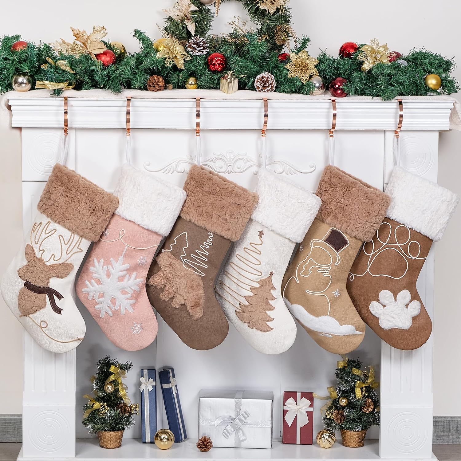 GEX Christmas Stockings 6 Pack for Family Soft Pleather with Rope Stitch Embroidery Large 20" Faux Fur Boho Rustic Farmhouse Country Stockings for Xmas Fireplace Decoration (Set of 6)