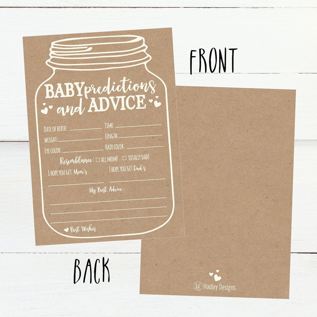 Hadley Designs Baby Shower Games for 25 Guests - Kraft Prediction Cards for Baby Shower Advice Cards for New Parents, Boy Girl Gender Neutral Mason Jar Gender Reveal Games, Made in USA