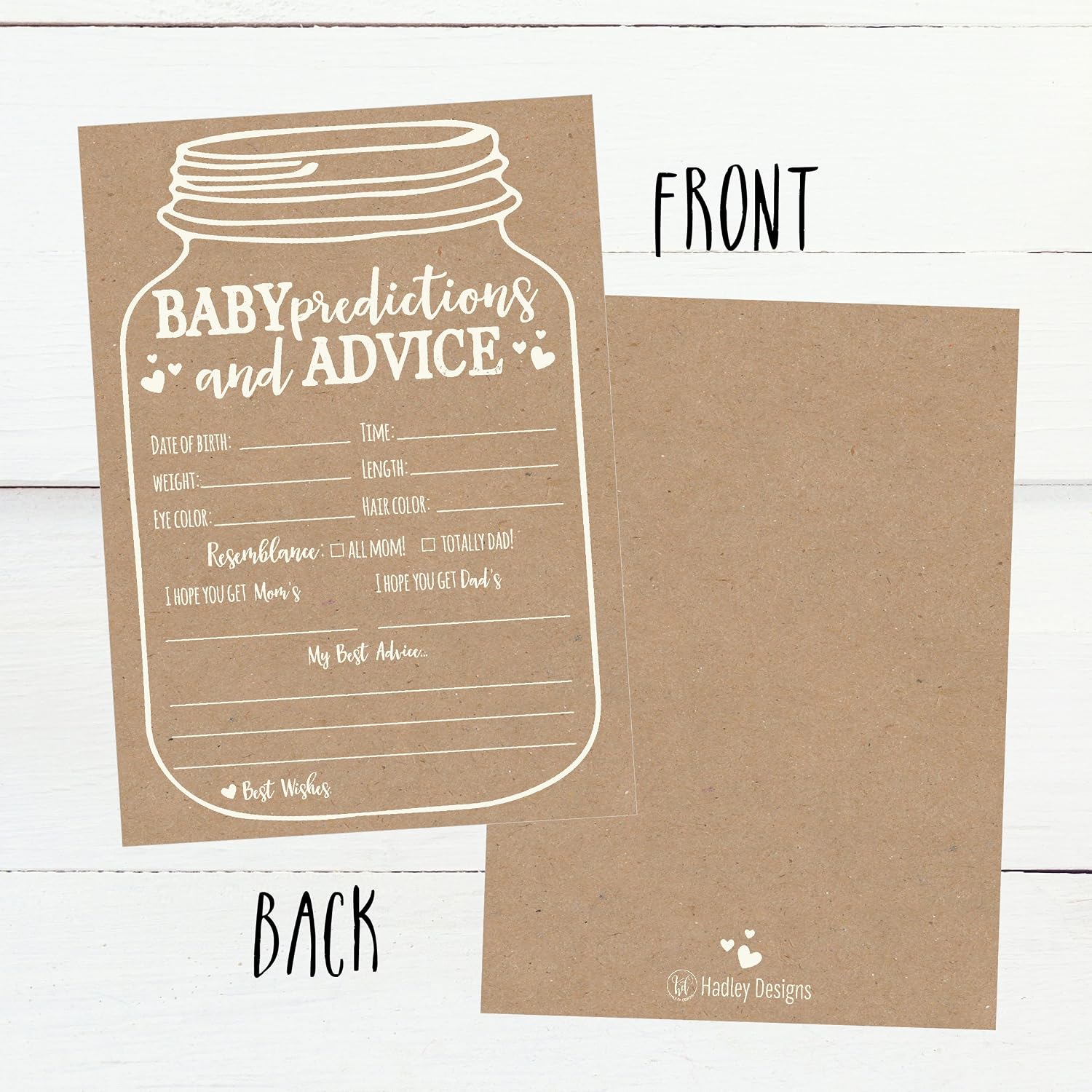 Hadley Designs Baby Shower Games for 25 Guests - Kraft Prediction Cards for Baby Shower Advice Cards for New Parents, Boy Girl Gender Neutral Mason Jar Gender Reveal Games, Made in USA