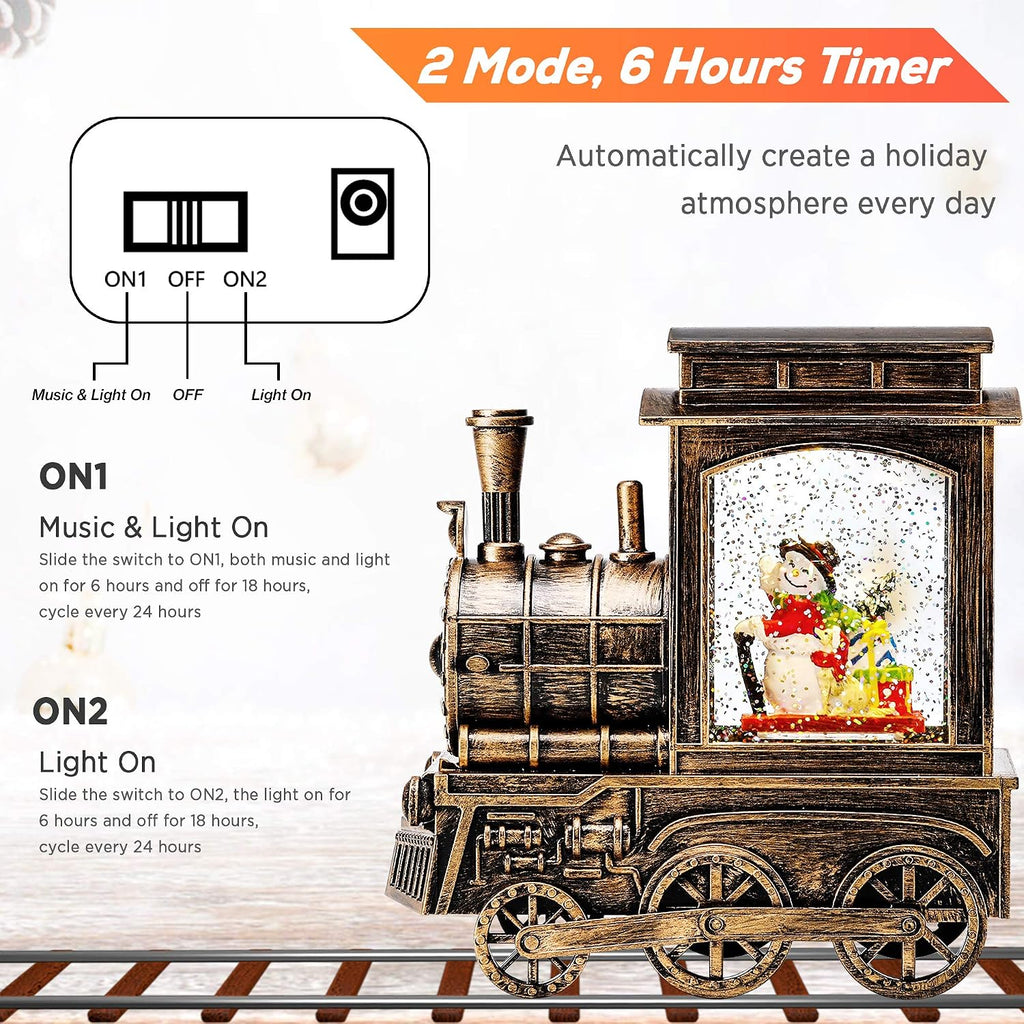 IPOW Christmas Snow Globe Lantern Train with Water Swirling Glitter, Musical and Lighted 6 Hours Timer USB Powered & Battery Operated Music Box for Christmas Home Decoration Gift, Snowman Scene