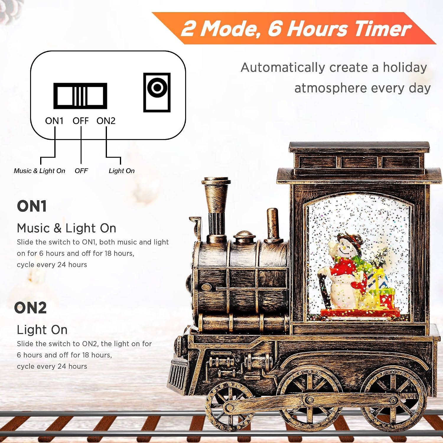 IPOW Christmas Snow Globe Lantern Train with Water Swirling Glitter, Musical and Lighted 6 Hours Timer USB Powered & Battery Operated Music Box for Christmas Home Decoration Gift, Snowman Scene