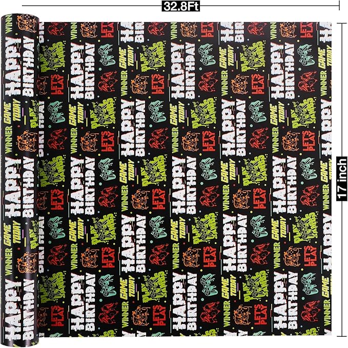 Aimyoo Gaming Birthday Wrapping Paper Roll - 17 Inch X 32.8 Feet - Black Happy Birthday Video Game Pattern Gift Wrap Paper for Boys Party, Baby Shower, Holiday