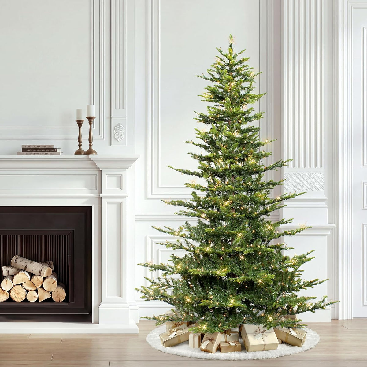 puleo international 6.5ft pre-lit aspen fir artificial christmas, close-up detail