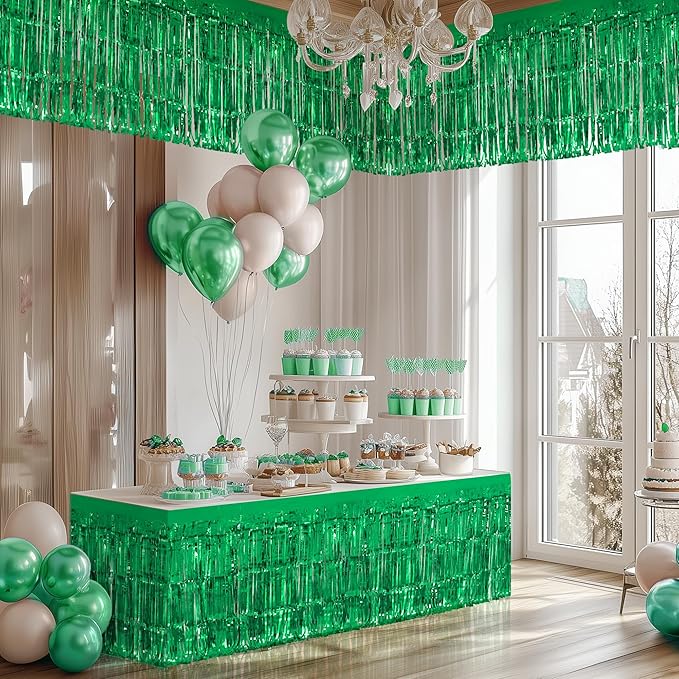 2 Pack Green Table Skirts, 29x108" Metallic Foil Tinsel Fringe Table Skirts for Rectangle Tables Streamer Curtains Backdrop, Party Decorations for Birthdays Weddings Holidays