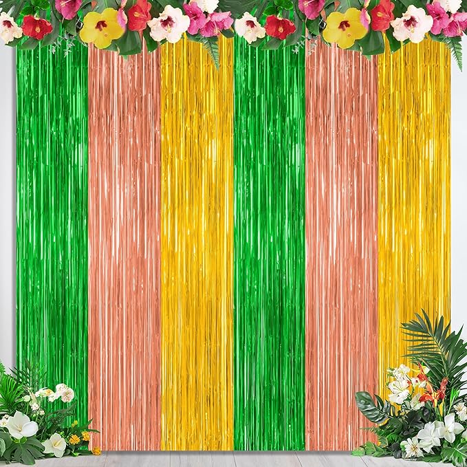 2 Pack Luau Decorations, 3.28 FT x 7.05 FT Summer Party Streamer, Green Brown Yellow Backdrop Tinsel Curtains Fringe Curtains, Metallic Hawaiian Supplies Aloha Party Decor