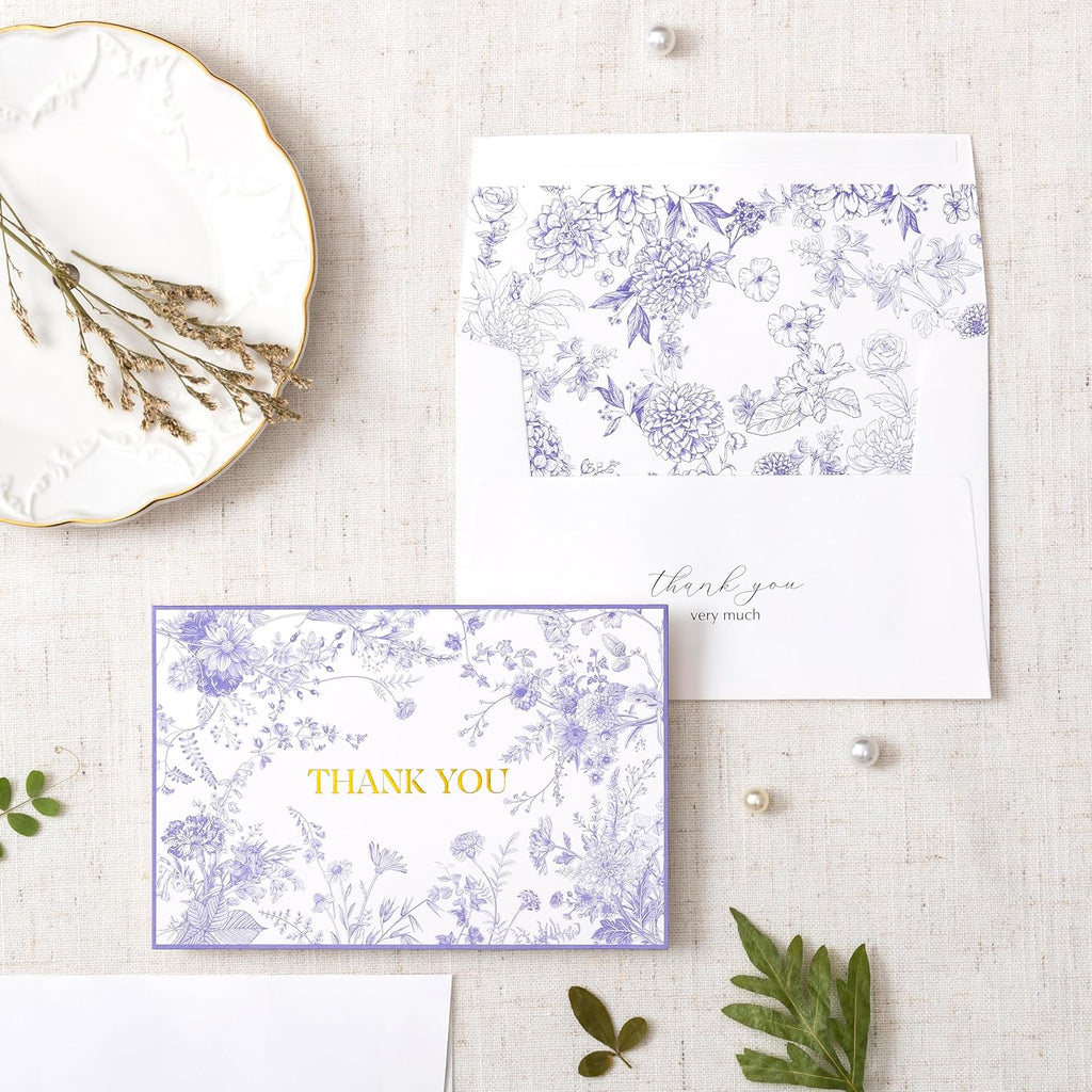 Crisky Purple Floral Thank You Cards with Envelopes, 50 Pack Lavender Wedding Thank You Notes Bulk for Bridal Shower Baby Shower Business Graduation, All Occasion