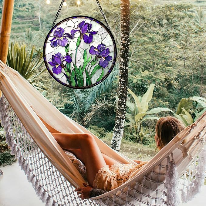 Stained Glass Window Hanging - Purple Iris Flower Sun Catcher for Door Terrace Garden Home Decor, Green Plants Suncatcher Birthday Gifts for Lovers Women Men Dad Mom Nana 9.8 in