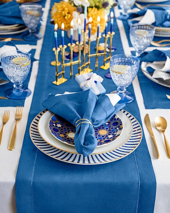 Solino Home Linen Table Runner 48 Inches - 100% Pure Linen Indigo Blue Hemstitch Table Runner 14 x 48 Inch Ideal for Dresser and Coffee Tables - Fall, Autumn, Christmas, Holiday - Classic Hemstitch