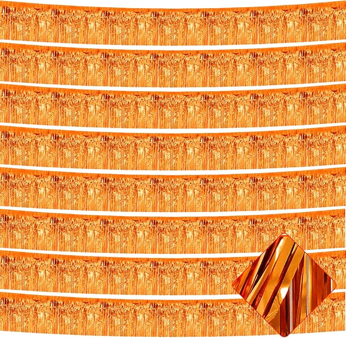 10 Pack 10 Feet Foil Fringe Garland Metallic Tinsel Streamers Banner Wall Hanging Curtain Backdrop for Parade Floats, Bachelorette, Wedding, Birthday, Halloween, Christmas Party Decorations(Orange)