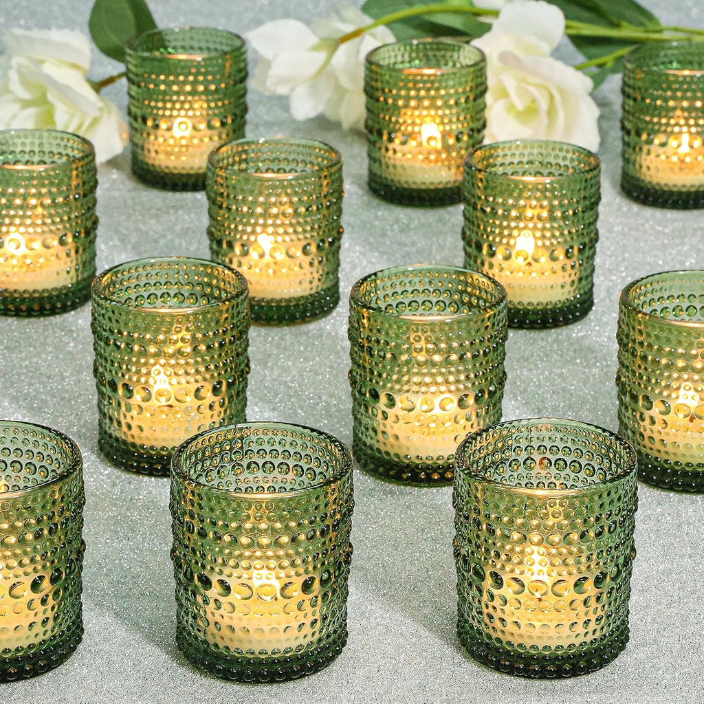 SUPMIND 24 Pcs Votive Candle Holders, Glass Holders Bulk for Table Centerpiece, Tea Lights Candle Holders for Wedding Shower, Party and Home Decor Green