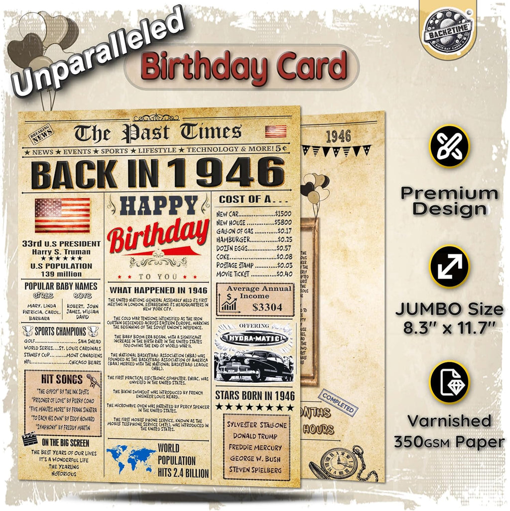 Back2Time 80th Birthday Cards for Men & Women - Back In 1946 Newspaper (Bday Card + Envelope) Large HAPPY BIRTHDAY Decorations for Her Him Vintage Funny card for Wife Husband & Grandparents 80 years