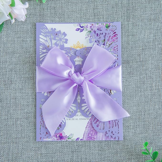 20 PCS 5.12x7.2 Butterfly Personalized Quinceanera Invitation, Customized XV Anos Laser Cut Invitation Cards with Envelopes (Violet Personalized)