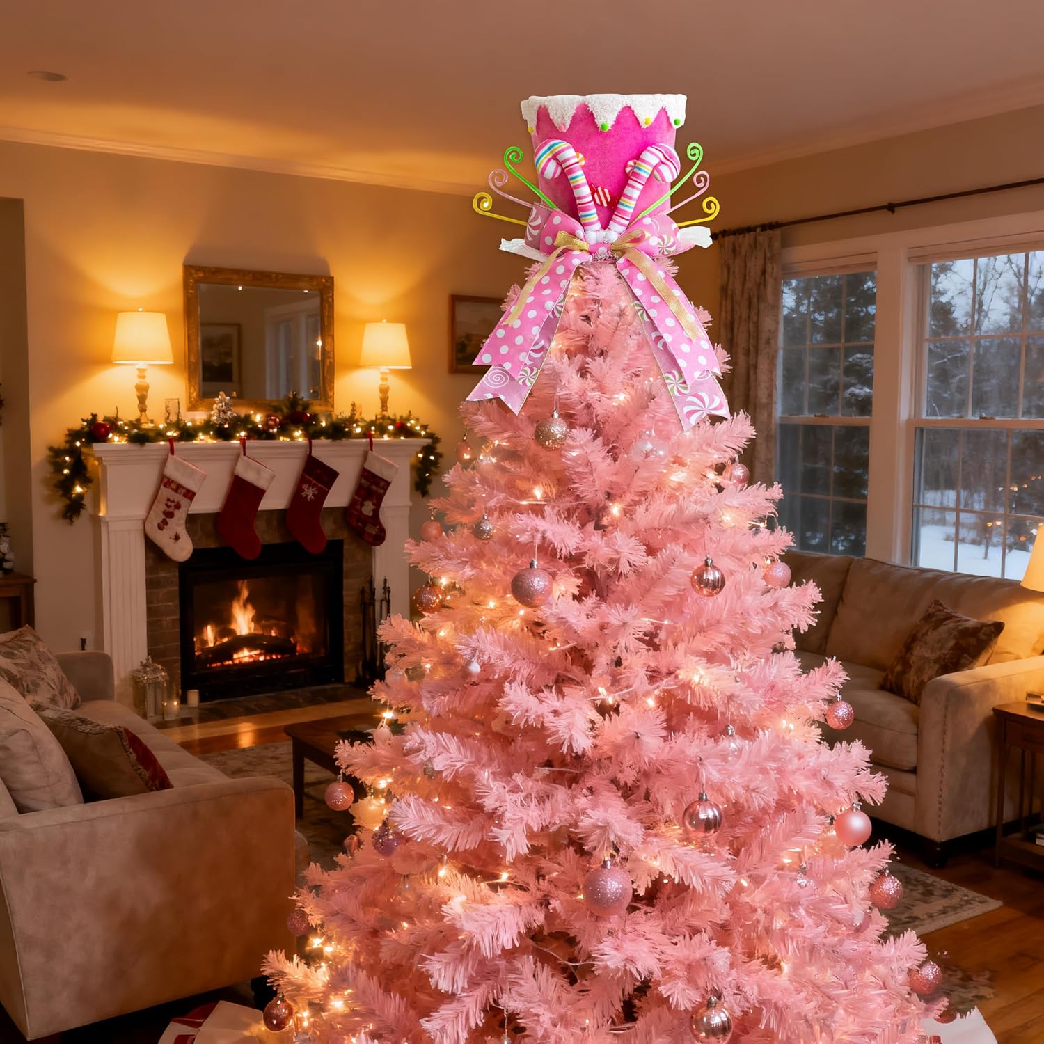 Pink Christmas Tree Topper Hat, Pink Tree Topper Hat with Bows Ribbon Ornament, Top Hat Christmas Tree Topper for Home Office Holiday Xmas Gift Tree Decoration(Velvet Material
