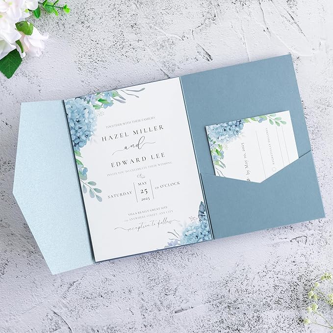 20 Pcs 5.12x7.1'' Sparkle Dusty Blue Tri-fold Laser Cut Wedding Invitation Cards for Wedding Bridal Shower Quinceañera Engagement Birthday Invitation