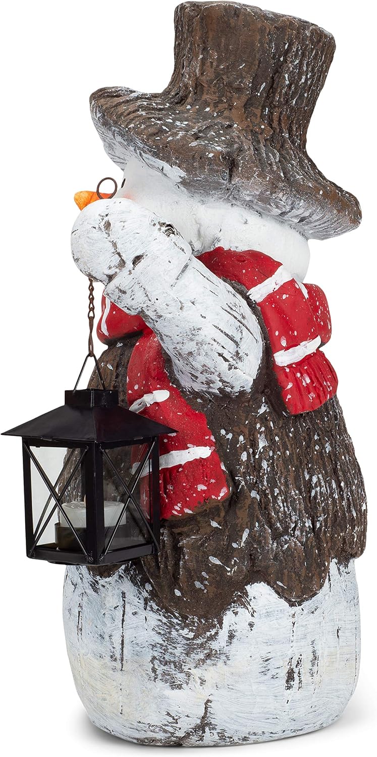Mark Feldstein & Associates Woodsy Snowman with Lantern LED Light Up 17 Inch Resin Stone Christmas Door Greeter Figurine