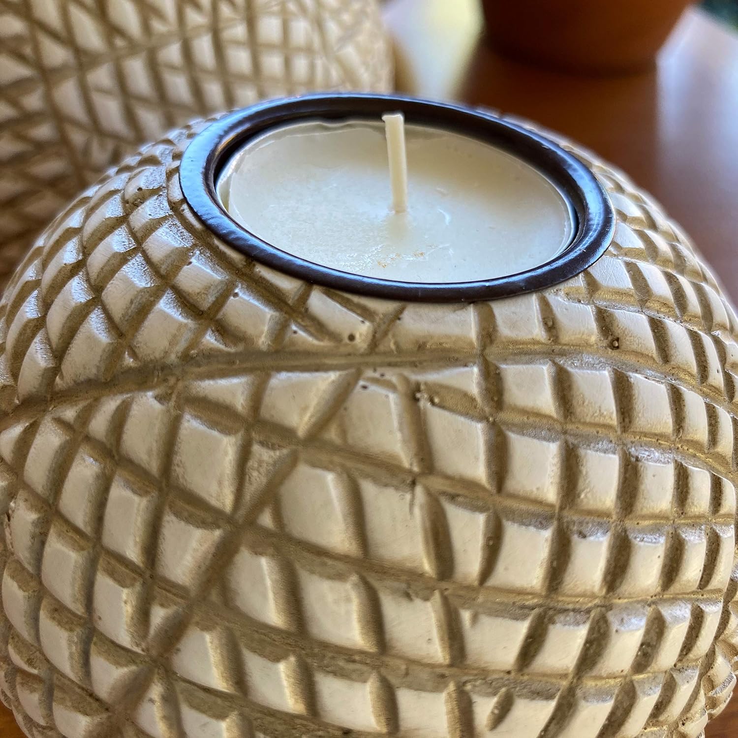 Luca Beige Orb Tea Light Candle Holders, Gift Boxed Set of 2 | Beige and white grid-pattern orbs for coffee table, console, entryway, mantel, dining centerpiece; coastal, modern, farmhouse