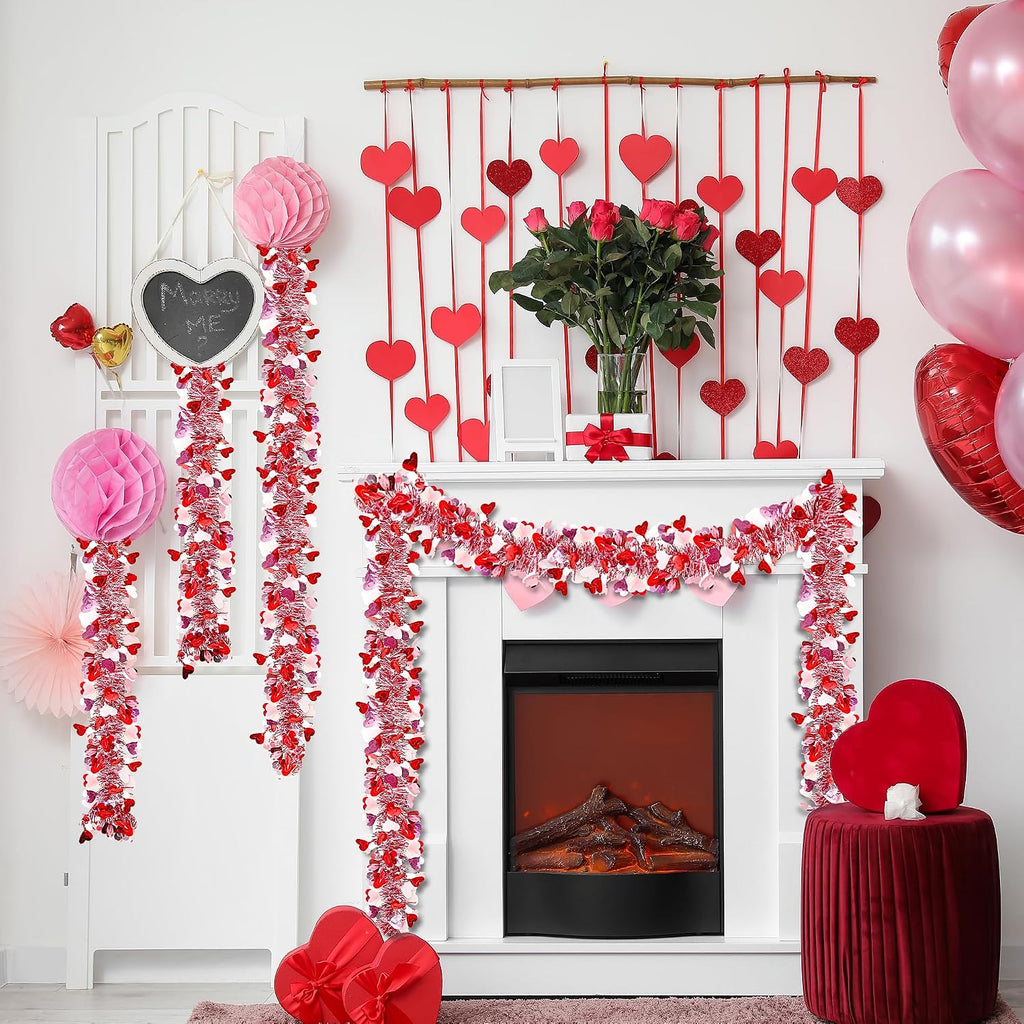 Sggvecsy 49.2Ft Valentine’s Day Heart Tinsel Garland Pink Red White Metallic Twist Garland Shining Ceiling Hanging Decorations for Valentine’s Day Party Anniversary Birthday Holiday Indoor Supplies