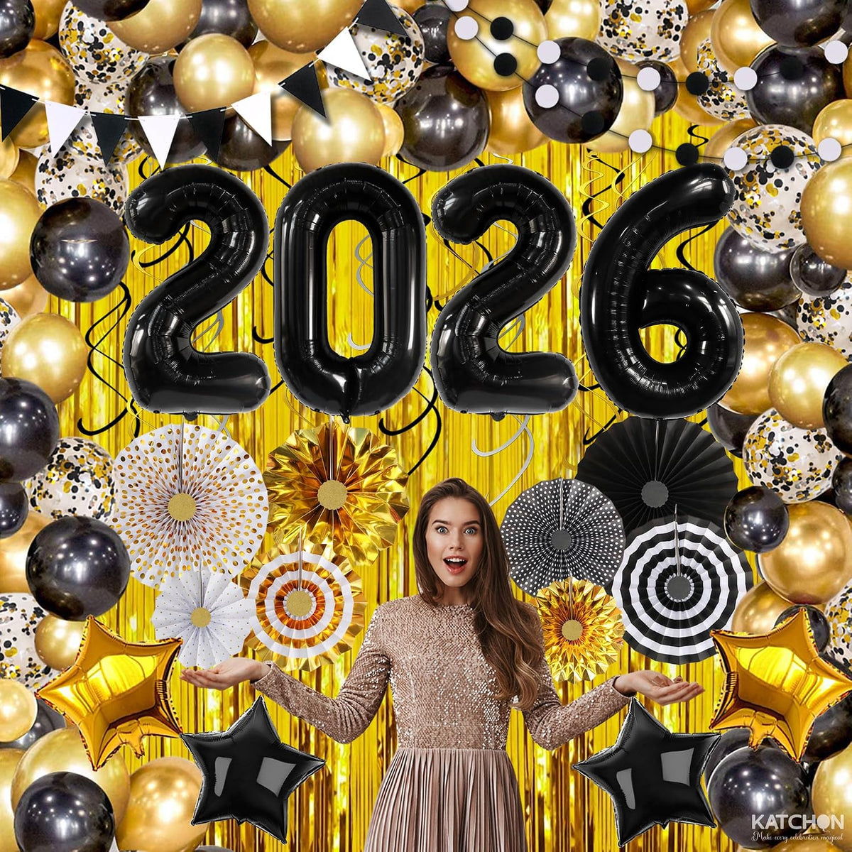 katchon happy new years decorations 2026 black and, view 9