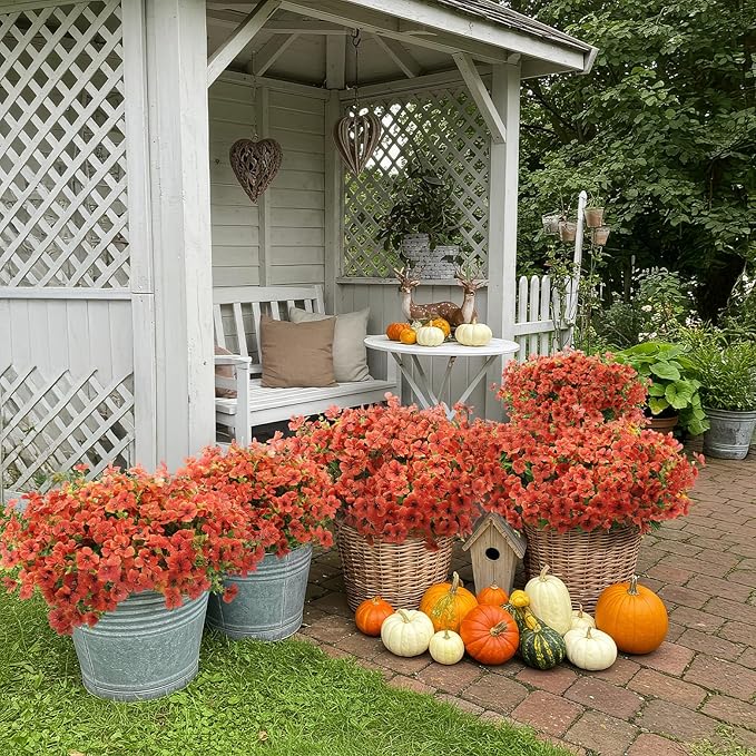 Artificial Flowers for Outdoors 24 Bundles, UV Resistant Orange Fake Silk Flower Fall Autumn Garden Decor Wedding Window Door Decorations
