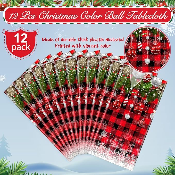 12Pcs Christmas Buffalo Plaid Snowflake Tablecloths,Plastic Red and Black Checkered Rectangle Christmas Tree Color Ball Table Cover for Winter Christmas New Year Holiday Party Decorations,54x108 inch