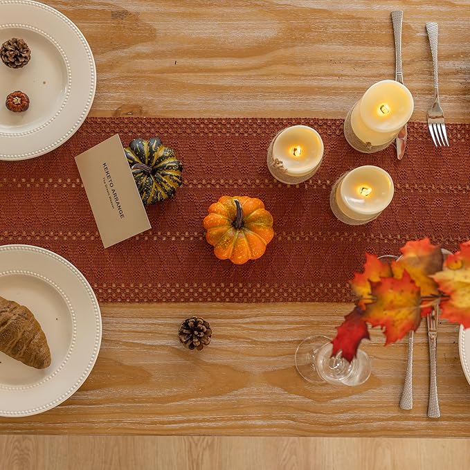 Boho Rust Table Runner for Home Decor 12x48 Inches Farmhouse Macrame Burlap Jute Rustic Dining Kitchen Centerpiece Bohemian Decor French Country Baby Bridal Shower Decorations