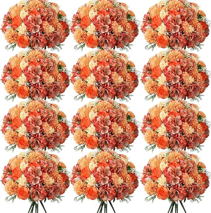 Tigeen Artificial Flowers Artificial Peonies Silk Flowers Faux Peony Fake Peony Silk Hydrangea Bouquet for Wedding Table Centerpiece Floral Vase Decor (Bright Orange,12 Bundles)