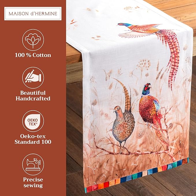 Maison d' Hermine Table Runner 100% Cotton Single Layer Table Runners 108 inches Long for Thanksgiving Christmas Decorations Home Kitchen Dining Party Wedding (Faisan D'Automne, 14.5" x 108")