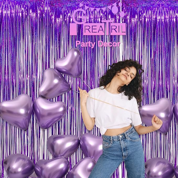Purple Tinsel Curtain Party Backdrop - GREATRIL Foil Fringe Curtain Party Photo Booth Streamers for Hunters Mermaid Themed Decorations - 1m x 2.5m - Pack of 2