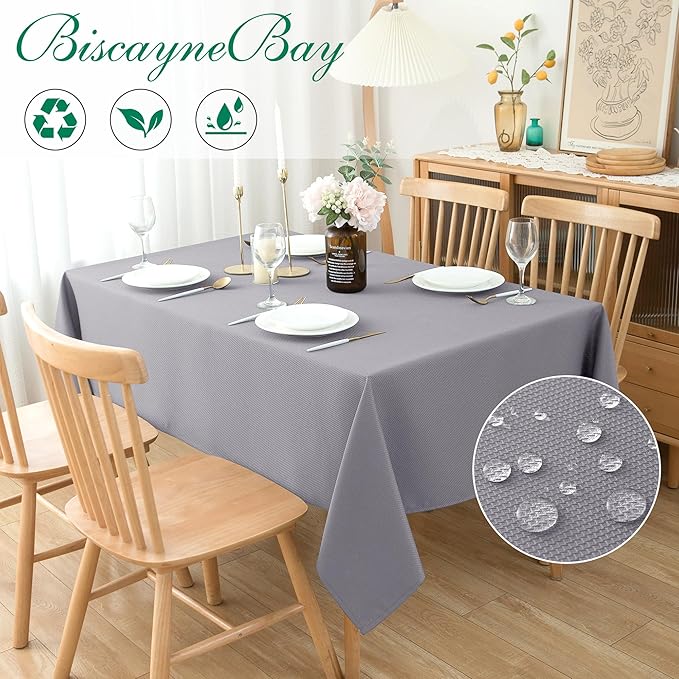 Biscaynebay Textured Fabric Tablecloths 52x70 Inches Rectangular, Silver Grey Water Resistant Tablecloths for Dining, Kitchen, Wedding and Parties etc. Machine Washable
