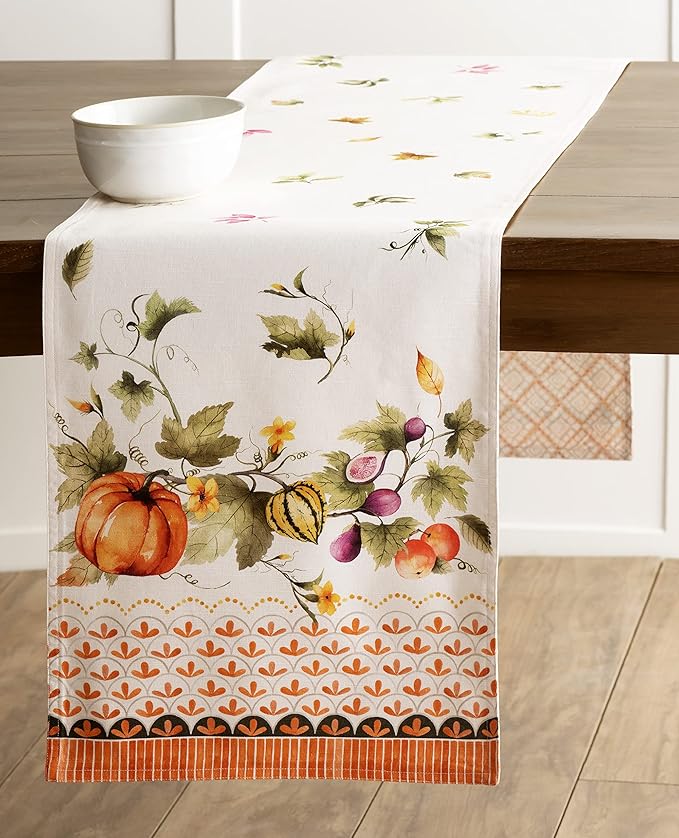 Maison d' Hermine Table Runner 100% Cotton Double Layer Table Runners 72 inches Long for Thanksgiving Christmas Decorations Home Kitchen Dining Wedding (Pumpkin Garden - Cloudy Cream, 14.5" x 72")
