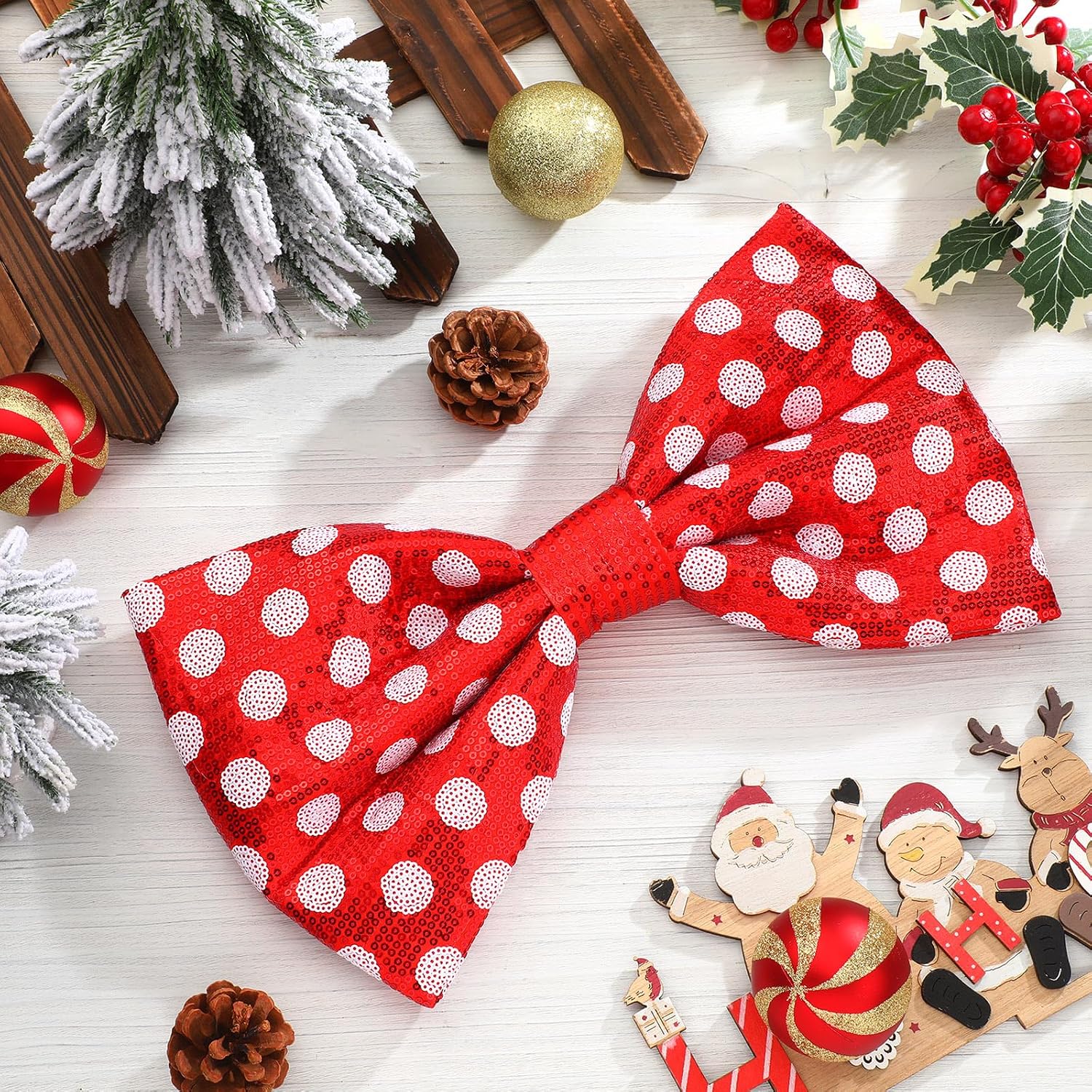 Suncalla Red and White Christmas Tree Topper Bow Tree Topper 14x8'' Large Red and White Polka-dot Sequin Bow for Indoor Outdoor Christmas Decoration Xmas Party Favors Holiday Treetop Decoration