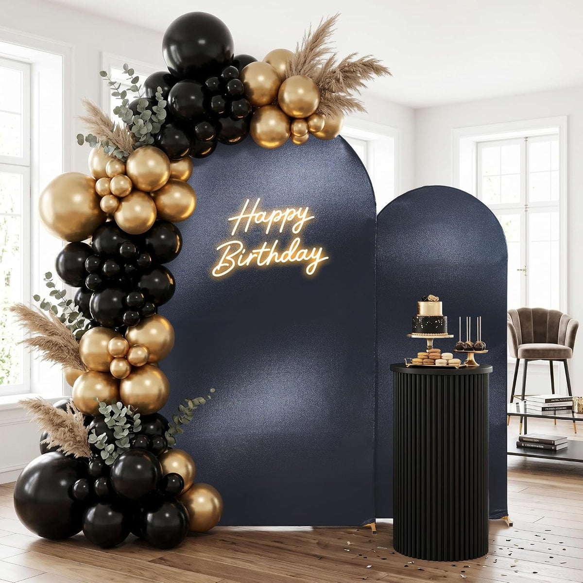 reversible gold black glitter arch backdrop cover 2, front angle view