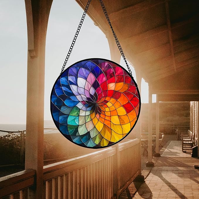 Stained Glass Window Hanging - Colorful Flowers Sun Catcher for Door Terrace Garden Home Decor, Abstract Gradient Suncatcher Birthday Gifts for Lovers Women Men Dad Mom Nana 9.8 in