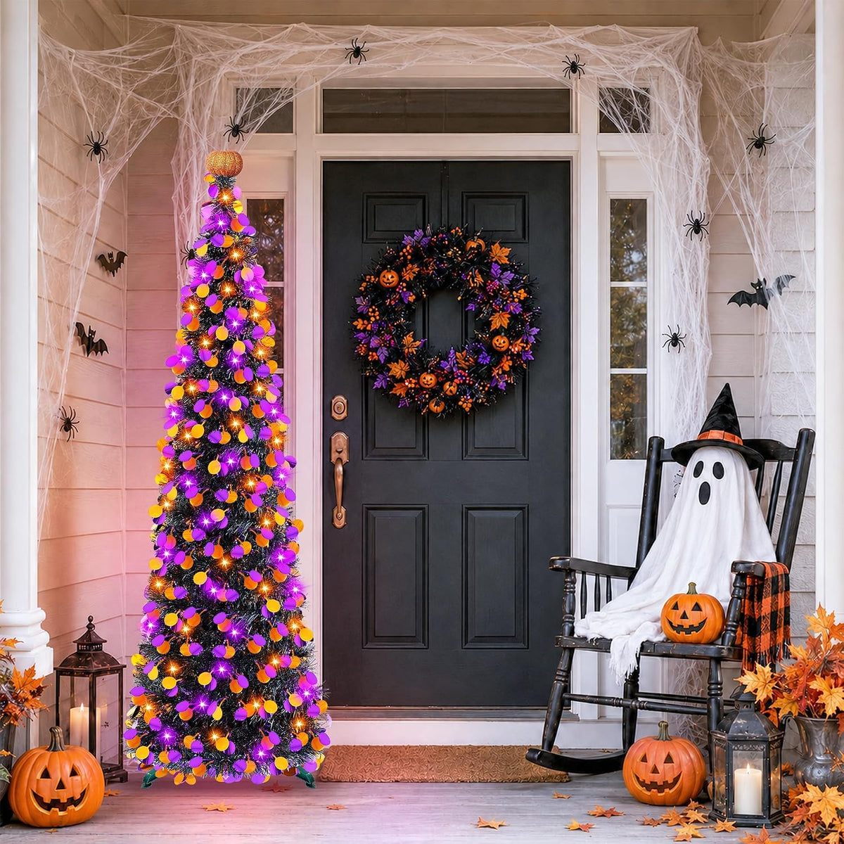 5FT Halloween Tree Decorations Indoor, Pop-up Orange Purple Halloween Tinsel ...