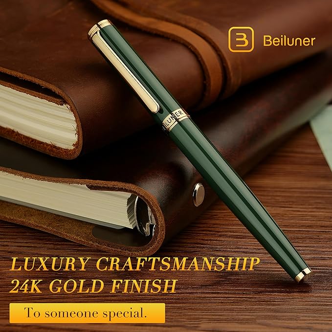 BEILUNER Racing Green Fountain Pen,Stunning Luxury Pens with 24K Gold Finish, Gorgeous 24K Gilded Nib(Fine), Trustworthy Gift for Men&Women -Ink Converter-Elegant, Graduation,Fancy Pen for Writing