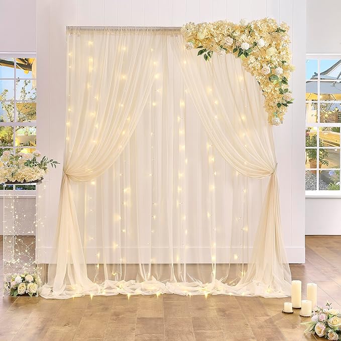 Champagne Sheer Backdrop Curtains for Parties Wedding Baby Shower Birthday Tulle Backdrop Drapes for Engagement Bridal Shower Christmas Photoshoot Background Decorations 10 ft X 10 ft, 2 Panels