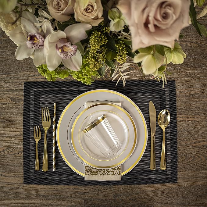 Neatiffy100 Pcs Gold Rim Plastic Dinnerware Set (50 Guest) | 50 x (Dinner Plate, Dessert Plate) | For Wedding, Luxurious Party, Special Event