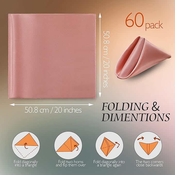 Manyshofu 60 Pieces Rose Gold Satin Napkins - 20x20 Inches Cloth Napkins, Square Satin Fabric Napkins Set - Soft & Reusable Table Napkin for Wedding Dinner Party Lunch Banquet Restaurant Decoration