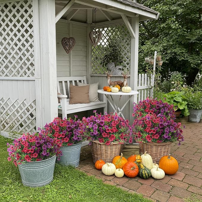 Artificial Flowers for Outdoors 12 Bundles, UV Resistant Colorful Fake Silk Flower Outdoor Planter Garden Decor Indoor Decorations