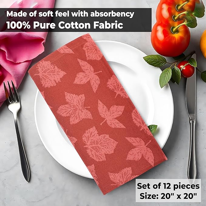 Urban Villa Fall Leaves Print Set of 12 Dinner Napkins (20X20 Inches) 100% Cotton Premium Quality Thanks Giving Over Sized Harvest Cloth Napkins with Mitered Corners Ultra Soft Durable Hotel Quality