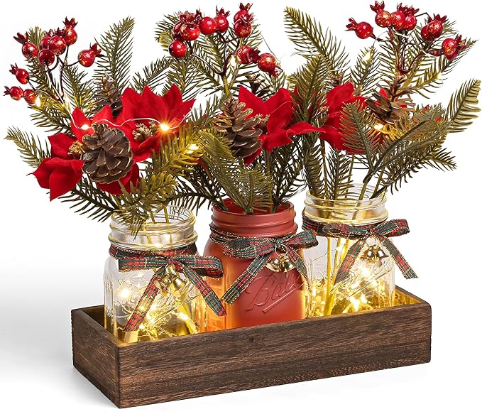 3 Pcs Mason Jar Centerpiece Decorations for Christmas Table Decor Farmhouse Coffee Table Decor Christmas Kitchen and Room Decor,Red