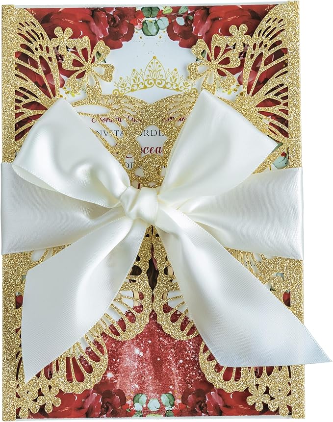 20 PCS 5.12x7.2 Butterfly Quinceanera Invitation, Laser Cut Wedding Invitation Cards with Envelopes for XV Anos Bridal Shower Baby Shower Invite (Gold Glitter)