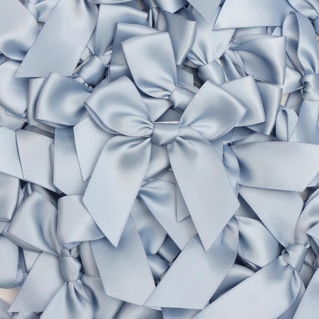 Pre-Tied Self Adhesive Dusty Blue Satin Ribbon Bows for Crafts 3" Small Blue Bow Decor for Coquette Birthday Party Decorations, Wedding, Gift Wrapping, Balloon, Baby Shower (50 Pack)
