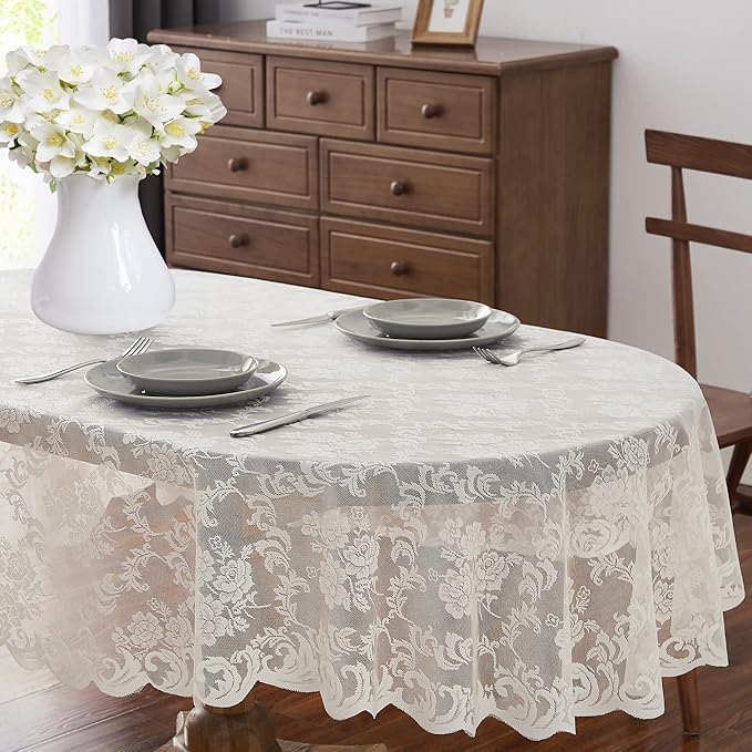 LinenZone Ivory Oval Tablecloth for Rustic Vintage Decor. Sheer Lace Tablecloth Works Great As Wedding Tablecloth, Thanksgiving Tablecloth or Christmas Tablecloth (Mia Oval 104, Ivory)