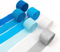 HOUSE OF PARTY Blue Skies Crepe Paper Streamers 6 Crepe Paper Rolls 492ft (1.8 Inch x 82 Ft/Roll) - Pack of 4 Shades of Blue, 1 Silver, 1 White Streamers Party Decorations